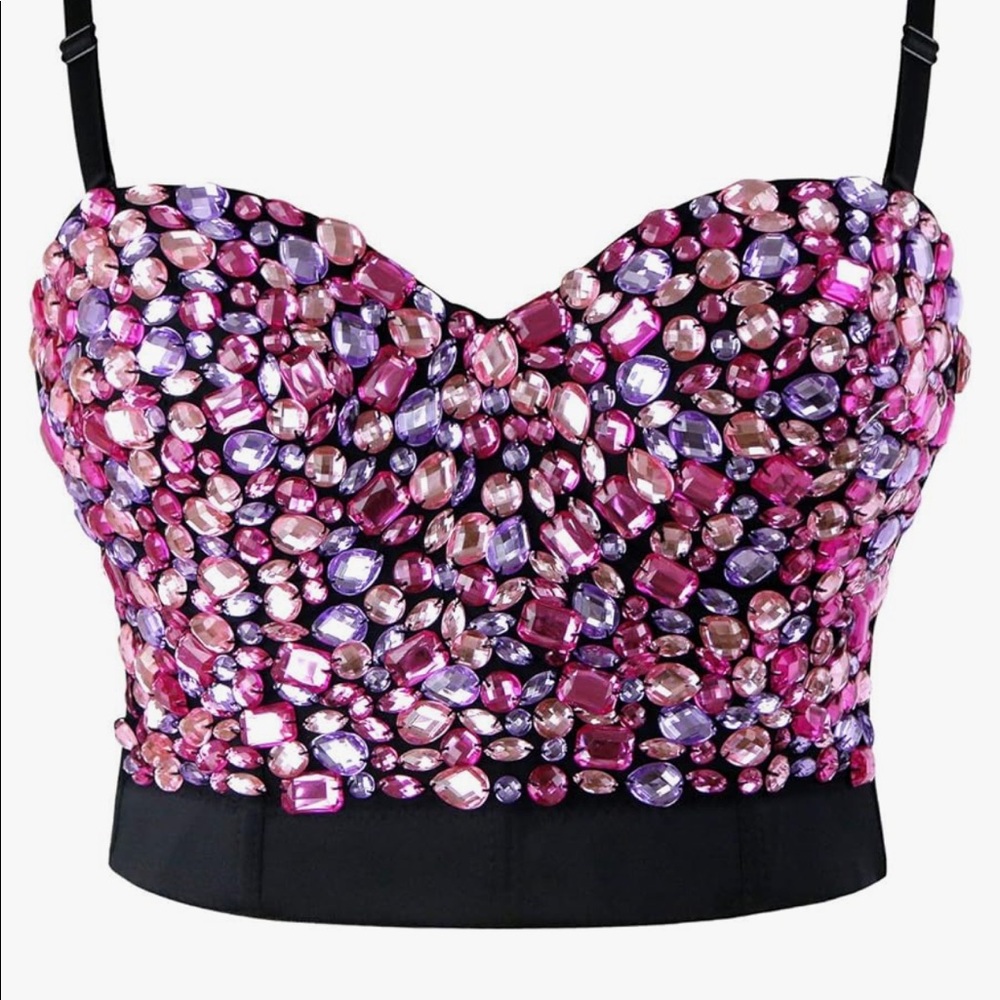 Colorful Pink Rhinestone Push-up Bra Party Bustier Crop Top Size Medium